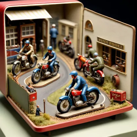 there are many figurines of people riding motorcycles in a miniature display