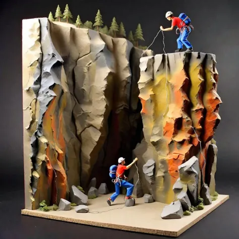 <lora:Diorama:1>Diorama - 6x6 diorama with 3 sides. climber sport climbing a cliff face