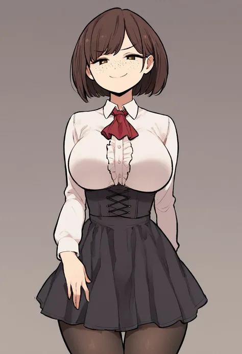 score_9, score_8_up, score_7_up, solo,
BREAK
1girl, smug, large breasts, solo, wide hips, freckles,
{tildevtuber}, 1girl, solo, breasts, looking_at_viewer, smile, skirt, large_breasts, brown_hair, shirt, long_sleeves, brown_eyes, standing, upper_body, whit...