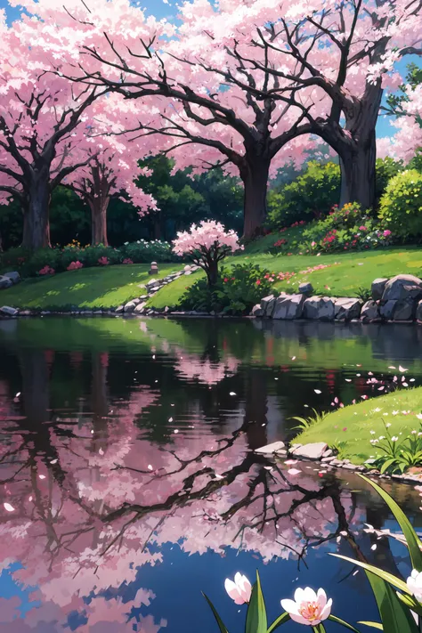 masterpiece, best quality, no humans, outdoors, garden, pond, cherry blossoms