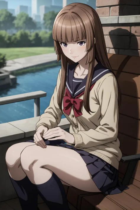 anime girl sitting on a bench with a river in the background