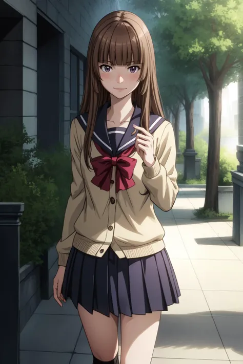 anime girl in school uniform walking down a sidewalk with a backpack