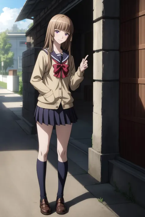 anime girl in school uniform standing in front of a building