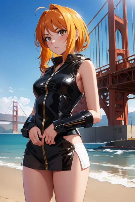 a woman in a black latex outfit standing in front of a bridge