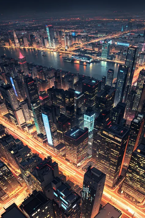 masterpiece, best quality, no humans, outdoors, night, from above, cityscape, cyberpunk,