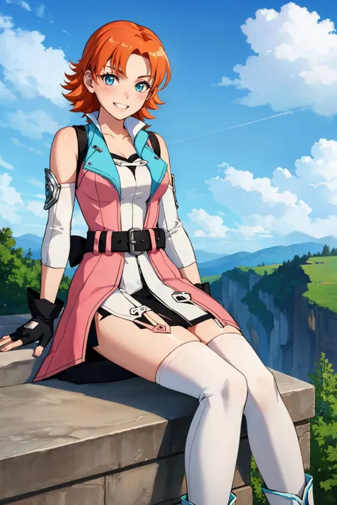 masterpiece, best quality, 1girl, <lora:noravalkyrie-nvwls-v1-000009:0.9> nora, sleeveless dress, pink dress, belt, detached sleeves, black gloves, fingerless gloves, white thighhighs, black boots, sitting, ledge, blue sky, looking at viewer, grin