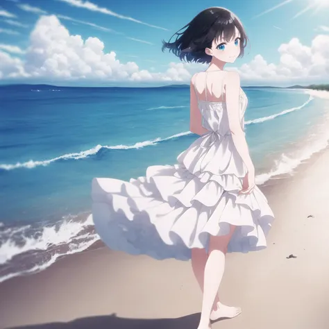 anime girl walking on the beach with a white dress