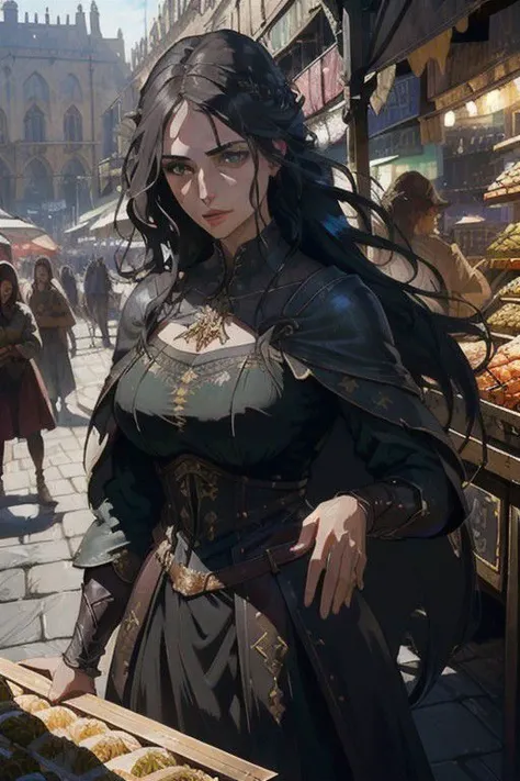 A pretty girl in a crowded medieval market, market vendors, upper body, detailed clothes, green eyes, long flowing hair, shiny skin, subsurface scattering, (sharp:0. 7), ultra-detailed, real-life texture, dramatic lighting, dynamic composition, unreal engi...