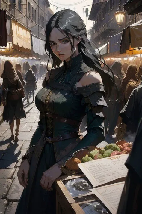 A pretty girl in a crowded medieval market, market vendors, upper body, detailed clothes, green eyes, long flowing hair, shiny skin, subsurface scattering, (sharp:0. 7), ultra-detailed, real-life texture, dramatic lighting, dynamic composition, unreal engi...