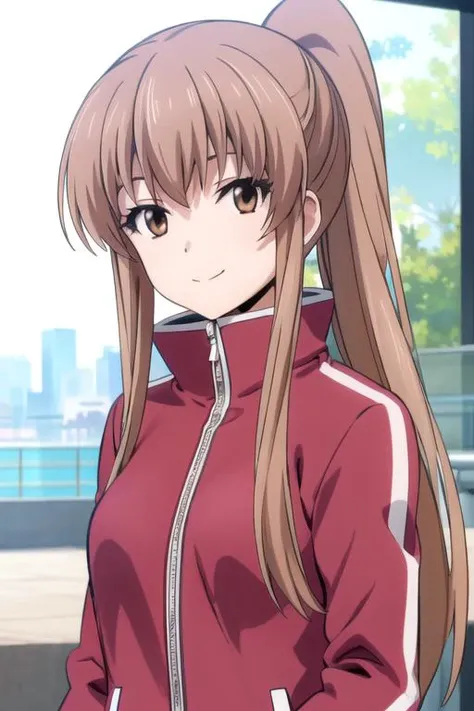 (((pixel-perfect, detail-perfect))), solo, 1girl,  <lora:kazane-keijo-01:0.8>, kazane aoba, tracksuit jacket, looking at viewer, smile