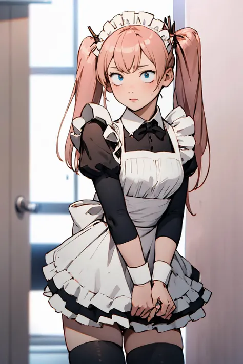 a close up of a woman in a maid outfit holding a knife