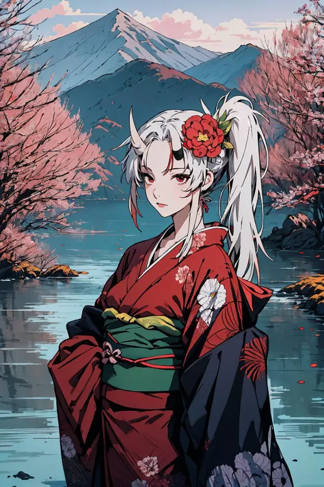 High Quality, Masterpiece, Nakiri Ayame, long hair, side ponytail, AyameNewYears, red kimono, floral print, hair flower, sash, wide sleeves, <lora:Char_VTuber_NakiriAyame:0.85>, white background, scenery, ink, mountains, water, trees