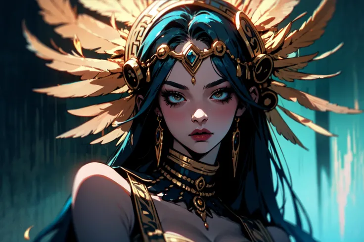 A tan skin aztec female all blue and gold elaborate outfit, with huge headpiece center piece,blue/gold makeup with oversized headdress with long bird feathers, with depth of field, fantastical edgy and regal themed outfit, captured in vivid colors, embodyi...