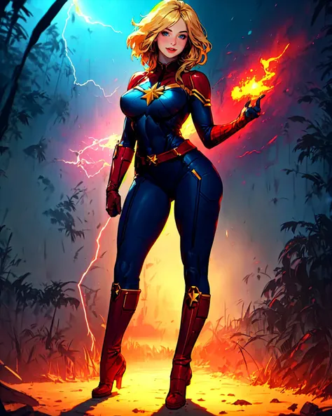 (full body:1.35) photo of a beautiful Captain Marvel, (solo focus, look at viewer:1.2), blonde_hair, bangs,
blue and red full bodysuit, marvel cinematic universe hero, star (symbol), gloves, belt,  small red sash, 
(curvy body:1.26), (huge breasts:1.36), a...