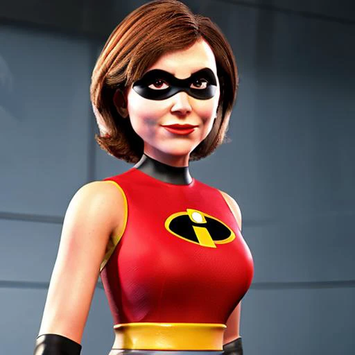 helenparr, 1girl, brown hair, short hair, domino mask, sf6, <lora:SF15:0.5>,  upper body, <lora:St23:0.8>, <lora:HelenParr:0.6> , red uniform, (white woman:1.3), pretty,