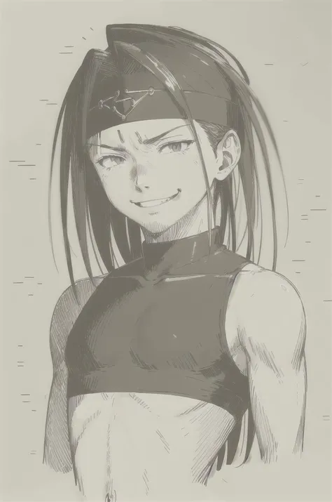 ((masterpiece,best quality, detailed)), 1boy, male focus, (sketch:1.1), paper, monochrome, cropped torso, portrait,
envy (fma), headband, crop top, evil smile, <lora:oldSketchStyle_v1:1>,  <lora:envyFullmetal_v2:0.8>