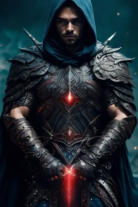 a man in armor with a sword and a hood on