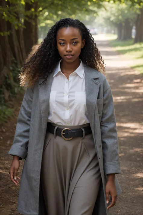 1girl,belt, black hair, brown eyes, curly hair,  forehead, lips, long hair, looking at viewer, messy hair, solo,   curly hair, dark-skinned female, dark skin, grey eyes, park, long skirt, collared shirt,  dappled sunlight, 
masterpiece, best quality, intri...