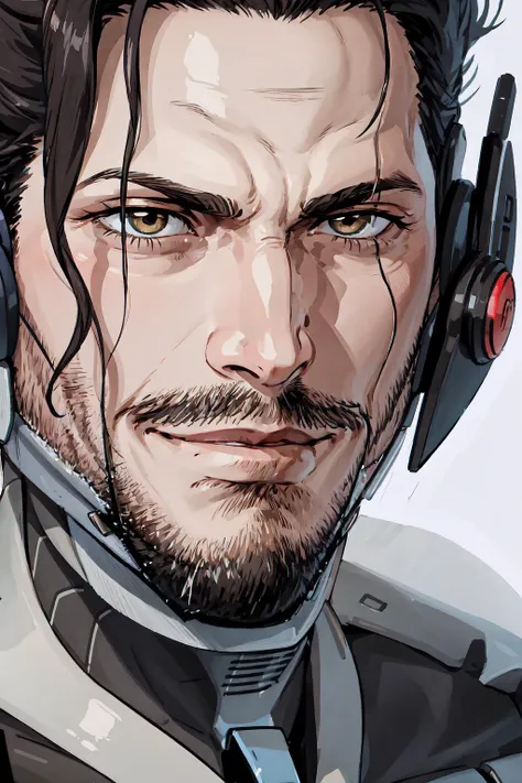 Jetstream Sam, facial hair, male focus, beard, cyborg, <lora:Char_MGR_JetstreamSam:0.75>, close-up, smirk,