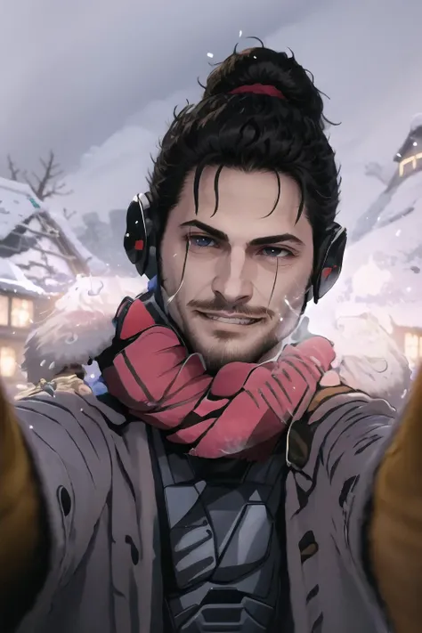 1boy, IncrsChkWarmingMeme, red scarf, pov, smile, smirk, closed mouth, <lora:PovCheekWarmingMeme:1.2>, winter clothes, Jetstream Sam, facial hair, male focus, beard, cyborg, <lora:Char_MGR_JetstreamSam:0.7>