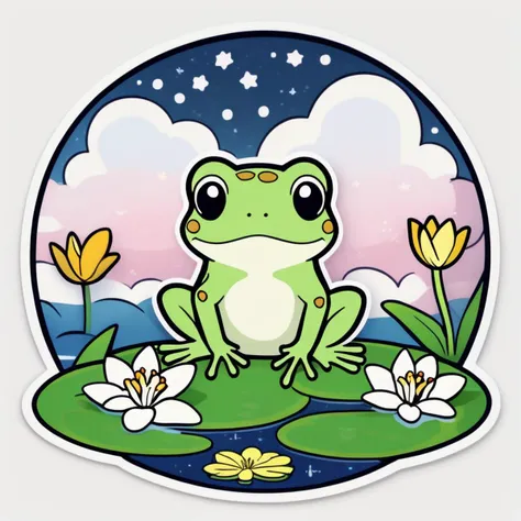 Cute tiny frog on a lilly pad, mid-night, stars, clouds, kawaii style, circular border, vivid, (((sticker, stickers, <lora:StickersRedmond:1>))), flat colors, black outline, white background