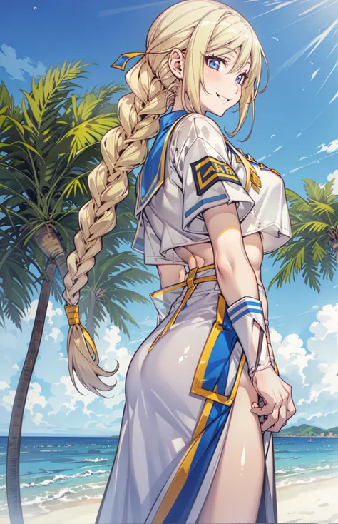 a woman with long blonde hair standing on a beach next to a palm tree