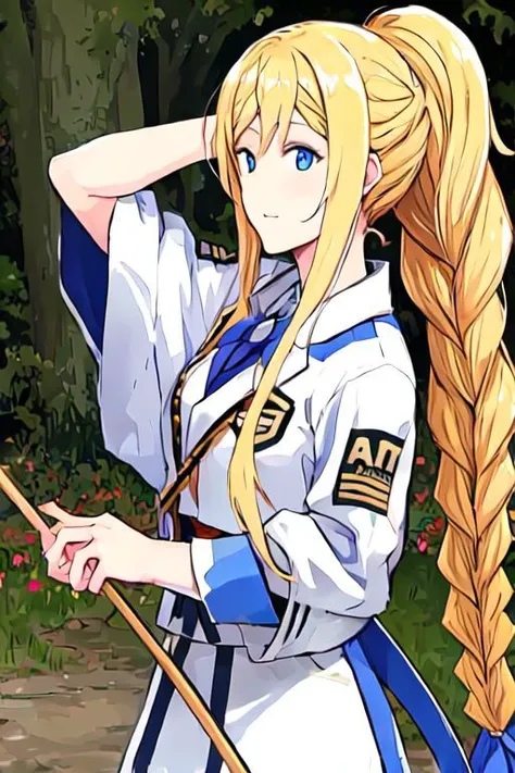 anime girl with long blonde hair and blue eyes holding a stick