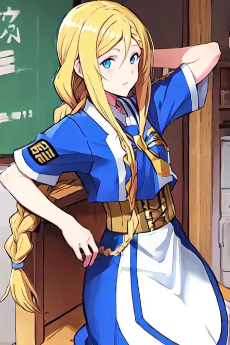 anime girl in uniform leaning on a counter in a classroom