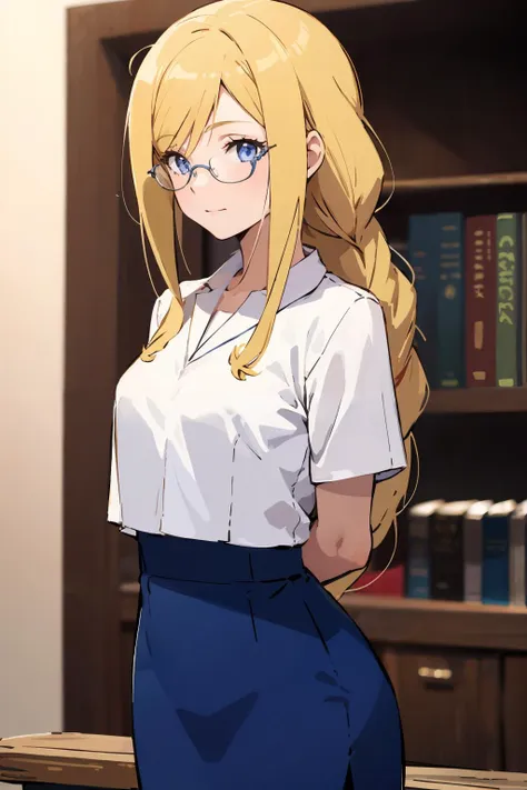 masterpiece,high quality,highres,1girl,solo,<lora:aria-alicia-wasabiya:1>,aliciaf,blonde hair,braided ponytail,blue eyes,glasses,white shirt,blue skirt,cowboy shot,arms behind back,