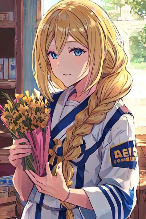 a woman with long blonde hair holding a bunch of flowers