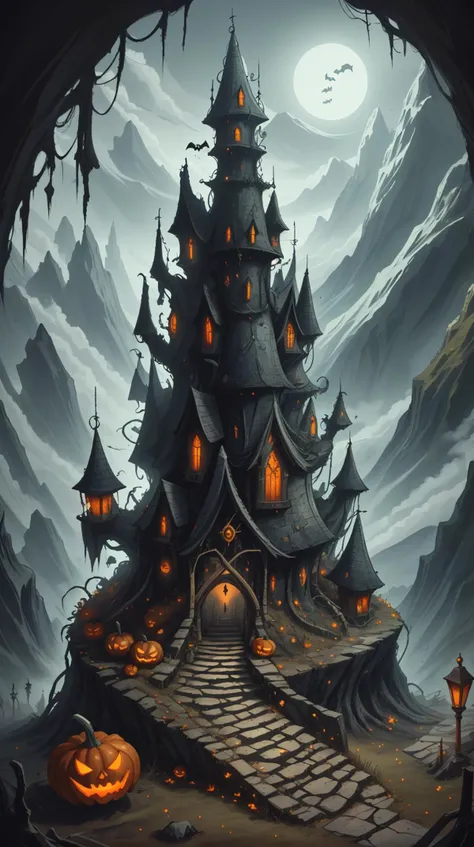 a painting of a castle with pumpkins and a lantern on it