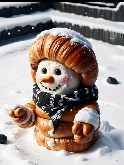 snowman in deep snow, drifts of ice, carrot, black pebbles, croissant scarf, croissant hands, jacket, full unzipped, snow, 
close up, intricate details, cinematic lighting, sharp focus, 85mm lens, unreal engine, octane render
 <lora:CroissantStyle:0.4>