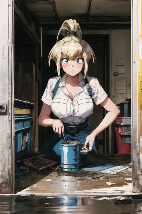 masterpiece, best quality, 1girl, ultra detailed, <lora:add_detail:0.5>,  <lora:rio_FW:1> , high ponytail, rusted oil rig, creaking metal, toxic spills, remnants of an industrial past