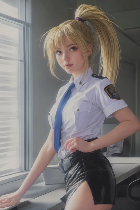 masterpiece, best quality, 1girl,upper body ultra detailed,  , ponytail,  police uniform, thighhighs, pencil skirt, blonde,window,police,office,
 <lora:rio_FW:0.8><lora:add_detail:0.5>,