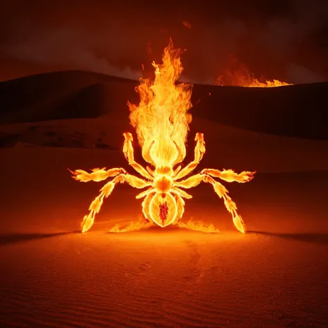 a (firecd, fire, flame, burning) spider, standin on sand, (solo:1.2), <lora:firecd-000028:0.7>, no humans, high quality, masterpiece, realistic, photorealistic, (outdoors, desert)