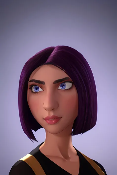 a close up of a cartoon girl with purple hair and a black shirt