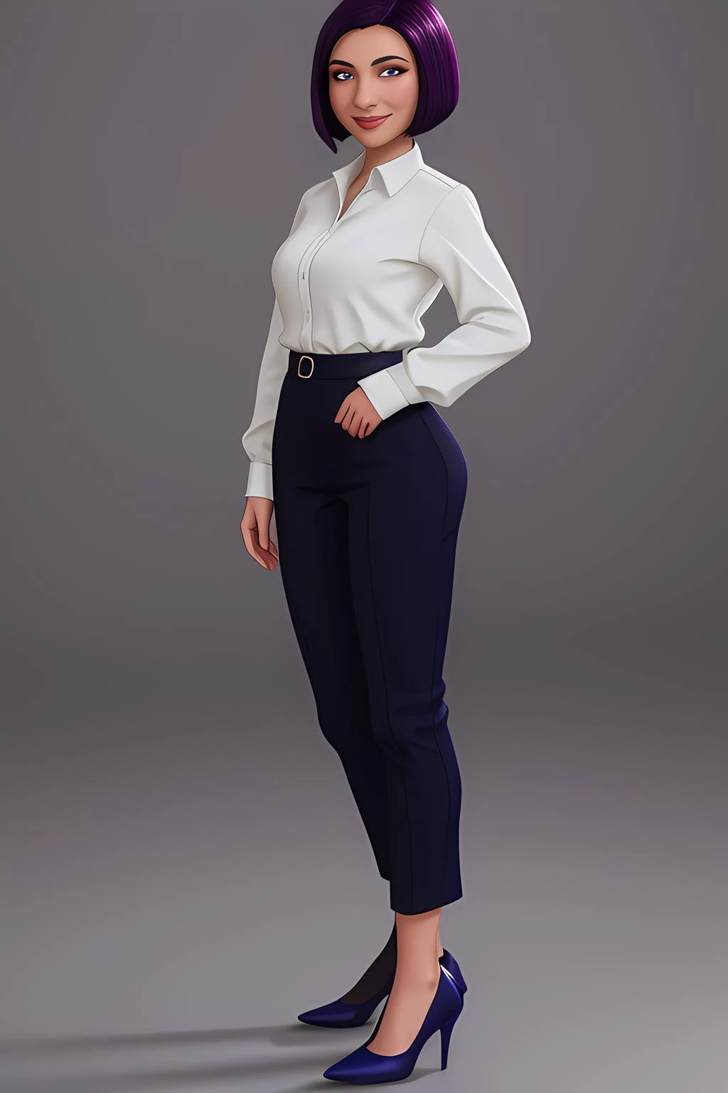 a woman in a white shirt and black pants posing for a picture