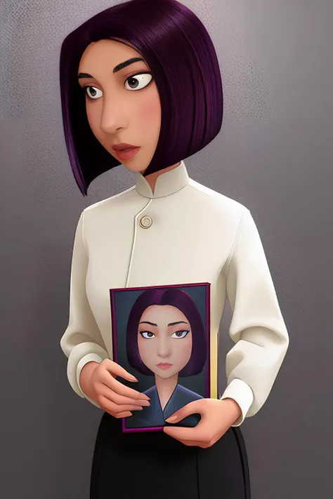 a woman holding a picture of herself in a cartoon style