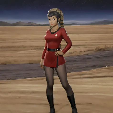 1girl, twilek, colored_skin,  petite, red_tosunfm dress, (black tights), black high heels, star trek badge, fullbody, standing, nighttime, desert