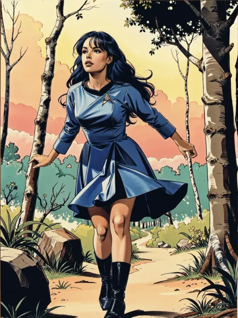 a woman in a blue dress walking through a forest