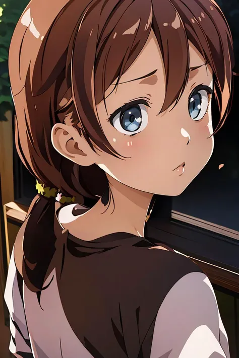 anime girl with brown hair and blue eyes looking out a window