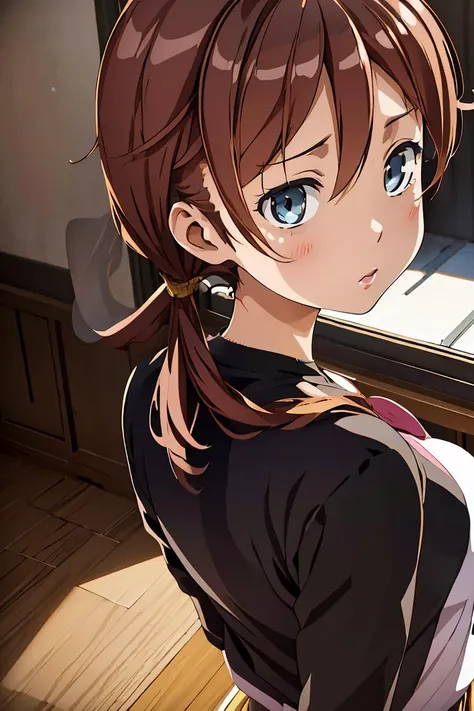 anime girl with long brown hair sitting in front of a laptop