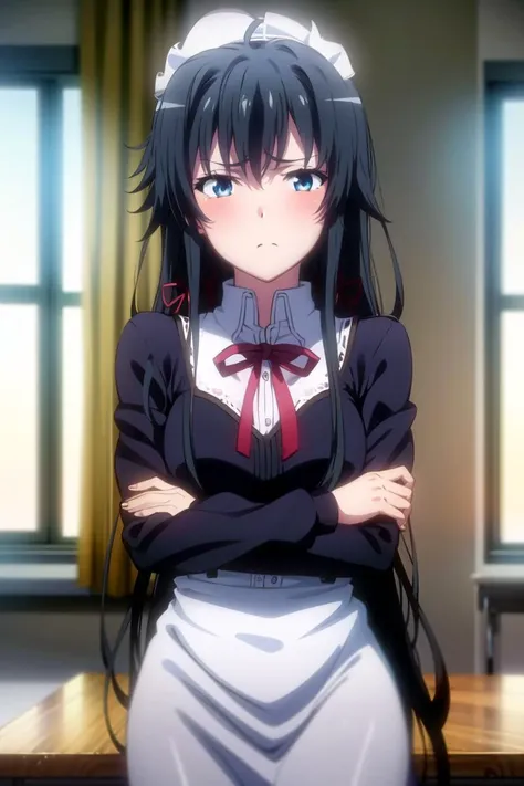 <lora:oregairu:0.8>, (yukinoshitaYukino:1.5), masterpiece, best quality, absurdres, 1girl, looking at viewer, standing, upper body, indoors, classroom, window, arms behind back, blush, furrowed brow, maid, maid headdress, frilled dress, blue eyes, crossed ...