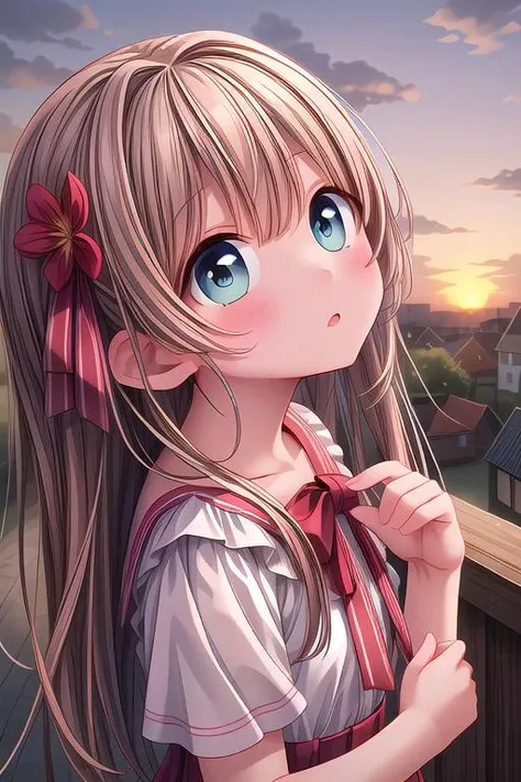 ultra-detailed,masterpiece,best quality,close up,outdoor,town,1girl,sunset,upper body,looking up viewer,blush <lora:hyperdetailer_v080:1>