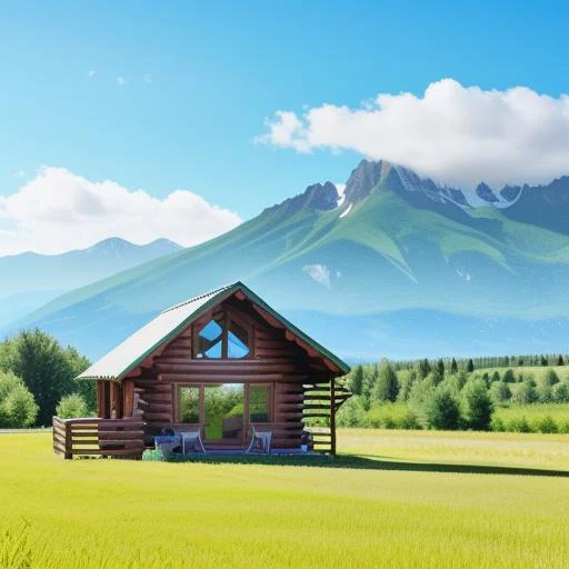 cabin in a green field with mountains and blue sky in the background 