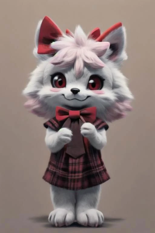 a white cat with pink hair and a red bow tie