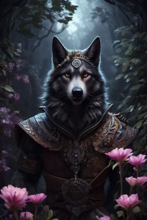 a wolf in a medieval outfit standing in a forest with flowers