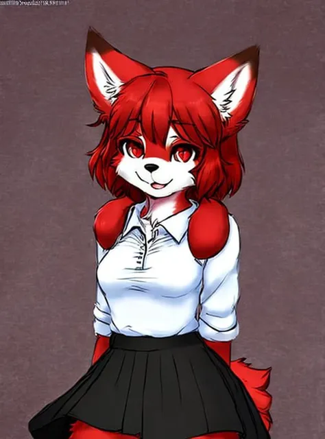 (fluffy anthro furry:1.3), 1girl, solo, red hair,  short hair, (red eyes:1.2), dog ears, shirt,sleeves, blue skirt, <hypernet:fu...