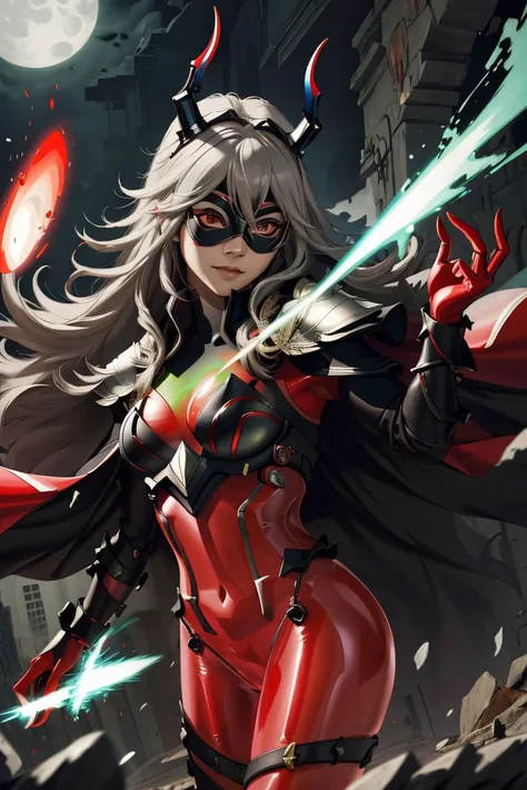 high resolution, masterpiece, high quality, perfect face, <lora:Thrasir:1>, Thrasir, see-through red slime body, black armor, horns, domino mask, cape, extremely glossy