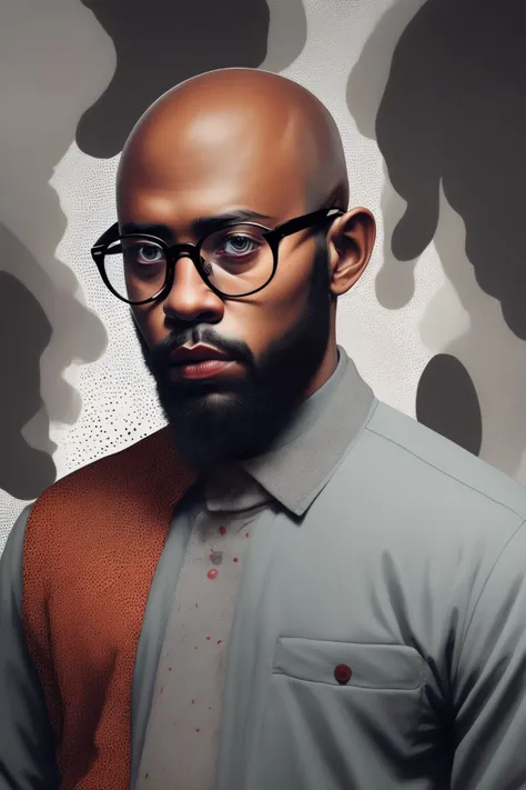 a man holding a knife in his hand , solo, gloves, 1boy, holding, upper body, weapon, male focus, glasses, dark skin, from side, gun, profile, facial hair, dark-skinned male, knife, beard, realistic, bald, very dark skin, buzz cut , Harmonious_Dreamer